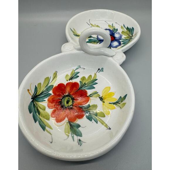 Vintage Beautiful Hand Painted Divided Dish Floral Handle Made In Italy Spring - Picture 8 of 10